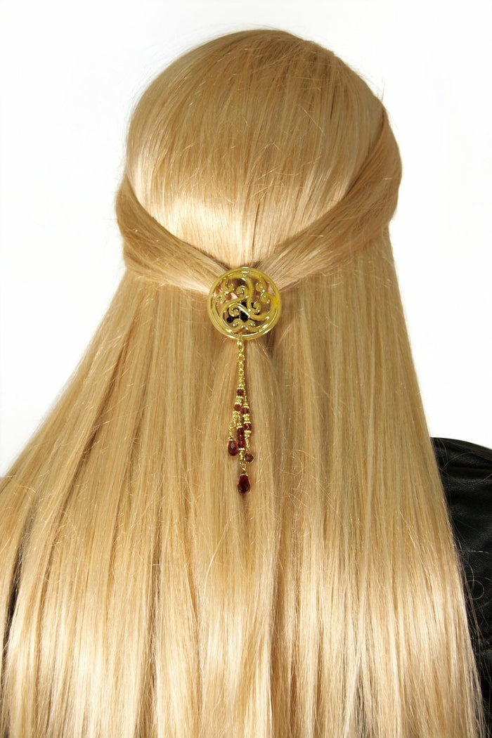 Model wearing Hair Hook – Gold Celtic with Bead Charm Ponytail Holder