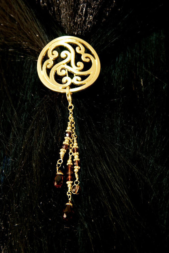 Model wearing Hair Hook – Gold Celtic with Bead Charm Ponytail Holder