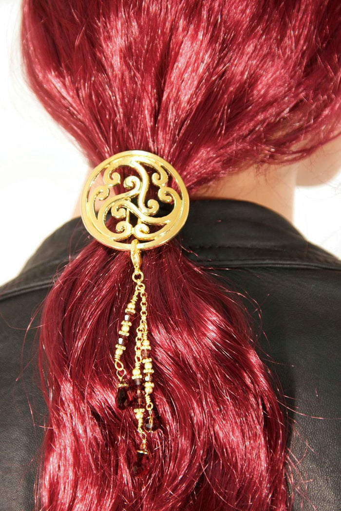 Model wearing Hair Hook – Gold Celtic with Bead Charm Ponytail Holder