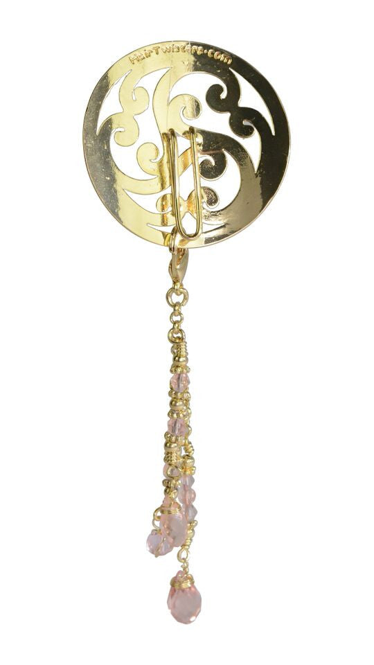 Hair Hook – Gold Celtic with Bead Charm Ponytail Holder front view
