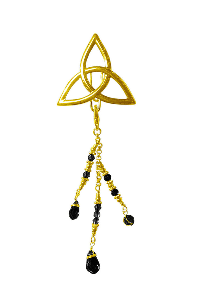 Gold Celtic triquetra hair hook with dangling black bead charms, front view