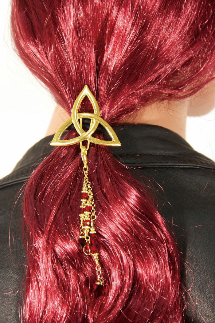 Model wearing Hair Hook – Gold Eternity with Bead Charm Ponytail Holder