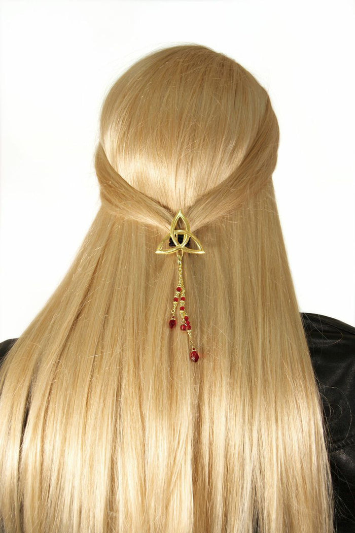 Model wearing Hair Hook – Gold Eternity with Bead Charm Ponytail Holder