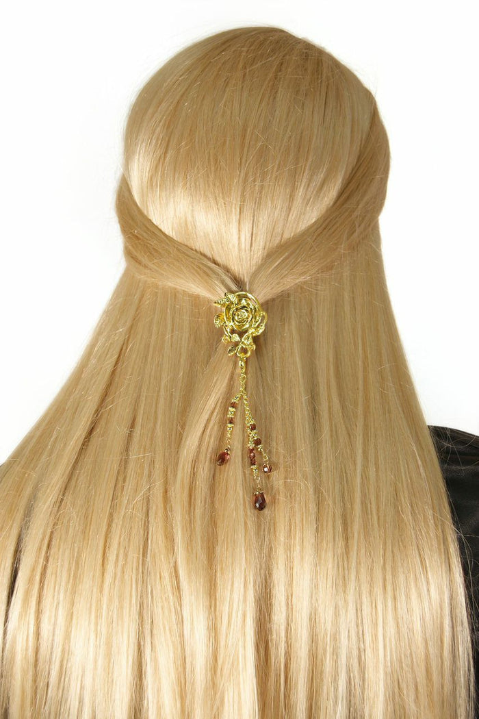 Model wearing Hair Hook Gold Rose with Bead Charm Ponytail Holder