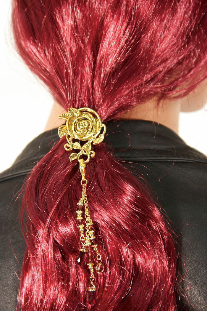 Model wearing Hair Hook Gold Rose with Bead Charm Ponytail Holder