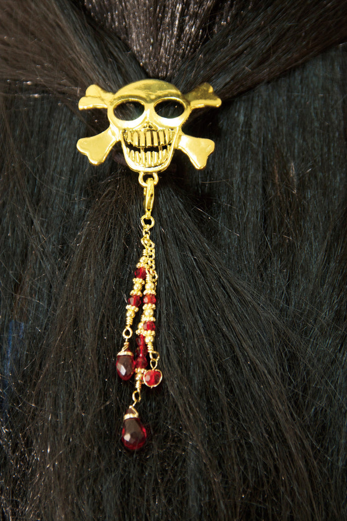 Model wearing Hair Hook Gold Skull with Bead Charm Ponytail Holder