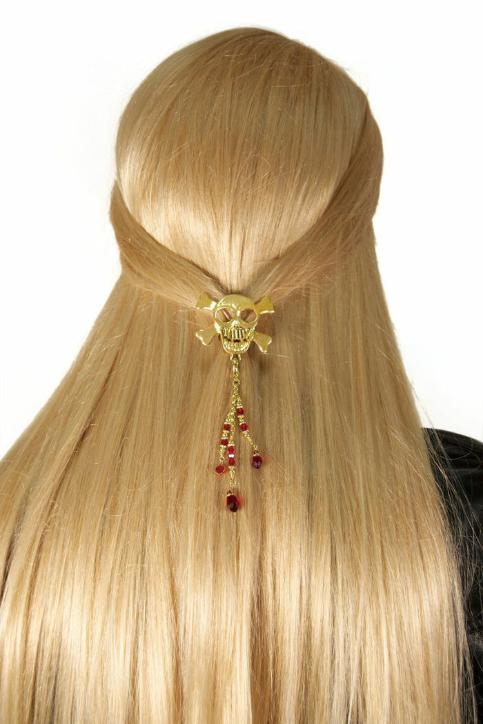 Model wearing Hair Hook Gold Skull with Bead Charm Ponytail Holder