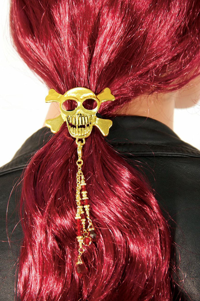 Model wearing Hair Hook Gold Skull with Bead Charm Ponytail Holder