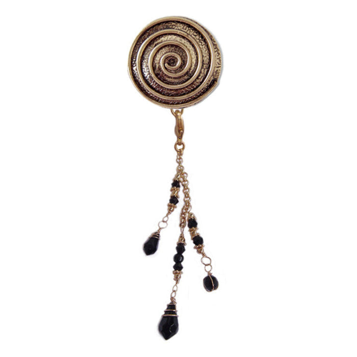 Gold spiral hair hook with dangling black bead charms, front view