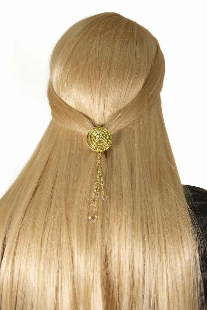 Model wearing Hair Hook Gold Spiral with Bead Charm Ponytail Holder