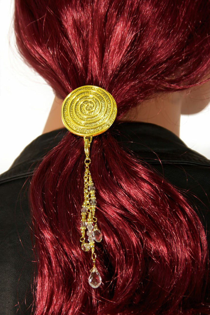 Model wearing Hair Hook Gold Spiral with Bead Charm Ponytail Holder