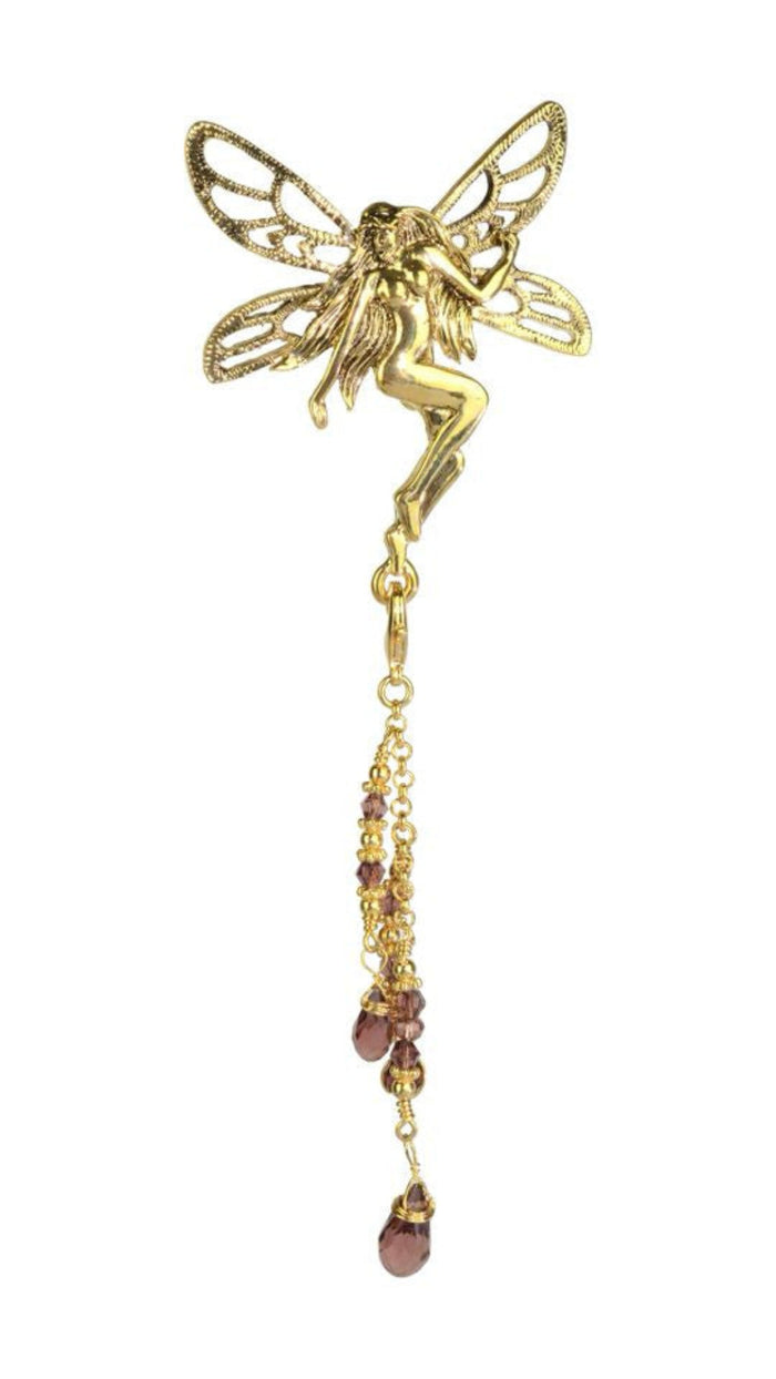 Gold Tinkerbell hair hook with dangling bead charms, front view