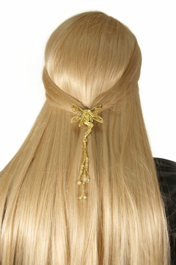 Model wearing Hair Hook Gold Tinkerbell with Bead Charm Ponytail Holder