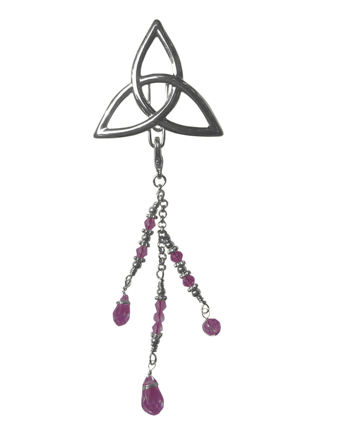 Silver Celtic triquetra hair hook with purple bead charms, front view