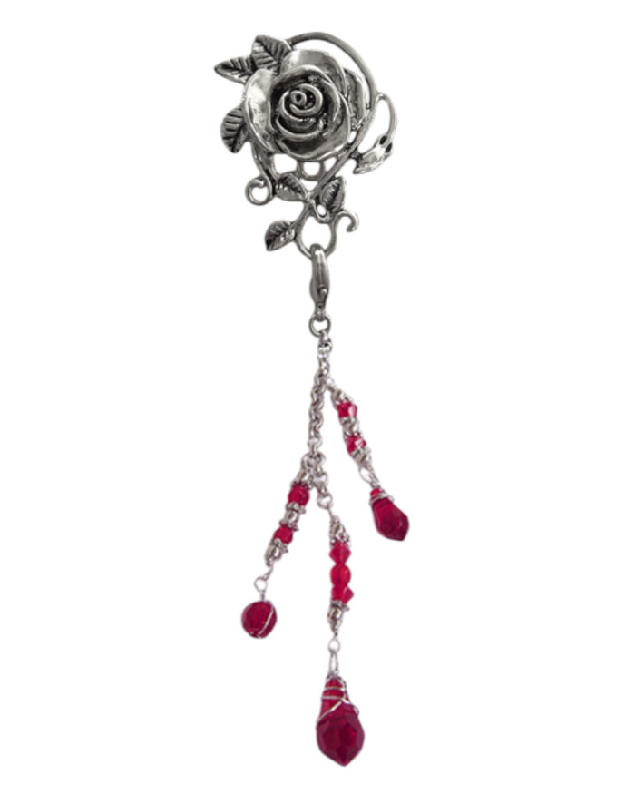 Silver rose hair hook with red bead charms, front view