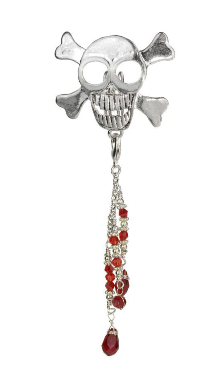 Silver skull hair hook with red bead charm, front view