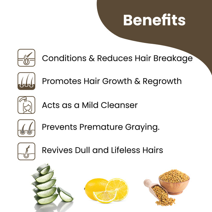 Herby Hair Mask benefits graphic highlighting reduced breakage, hair growth, mild cleansing and nourishment support.