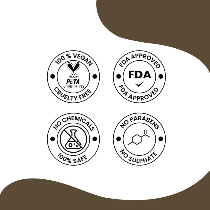Herby Hair Mask certification graphic displaying quality, FDA and cruelty-free style assurance badges on white.