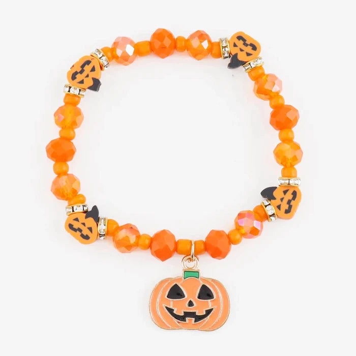 Halloween Beaded Stretch Bracelet with Pumpkin Charm & Rhinestone Spacers (CB3077)