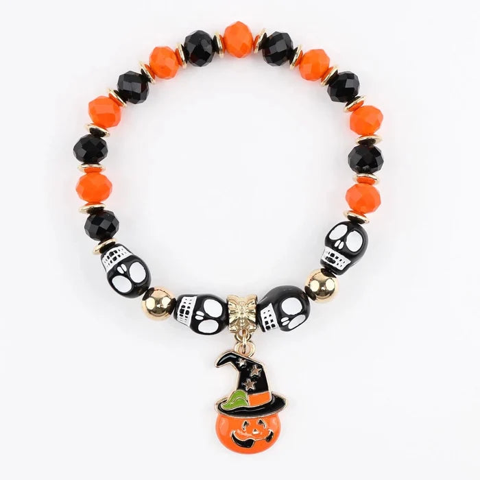 Halloween Beaded Stretch Bracelet with Witch Hat Jack-O'-Lantern Charm & Skulls - Orange and Black Spooky Jewelry (CB3073)