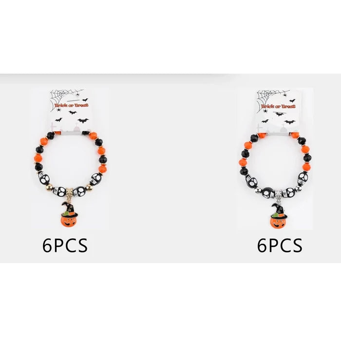 Halloween Beaded Stretch Bracelet with Witch Hat Jack-O'-Lantern Charm & Skulls - Orange and Black Spooky Jewelry (CB3073)