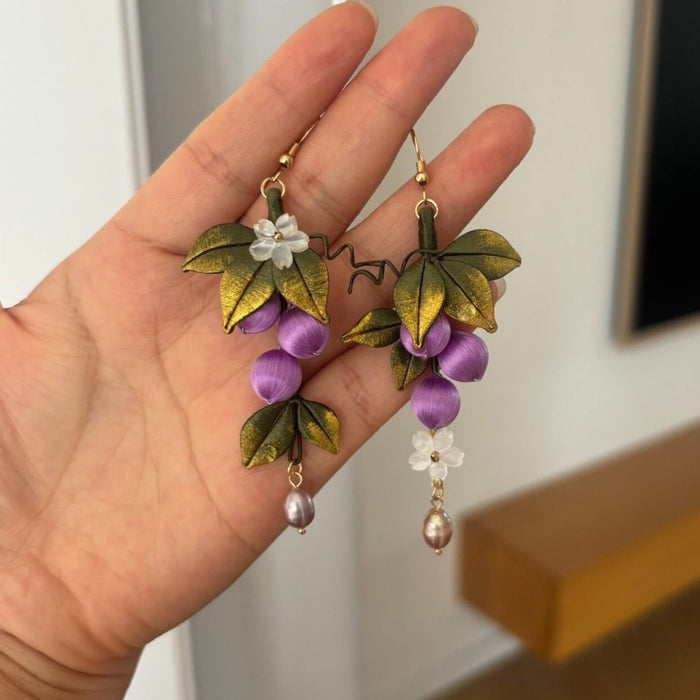 Handmade Chanhua Purple Grape Drop Earrings - Gold-Green Leaves with Pearl Drop