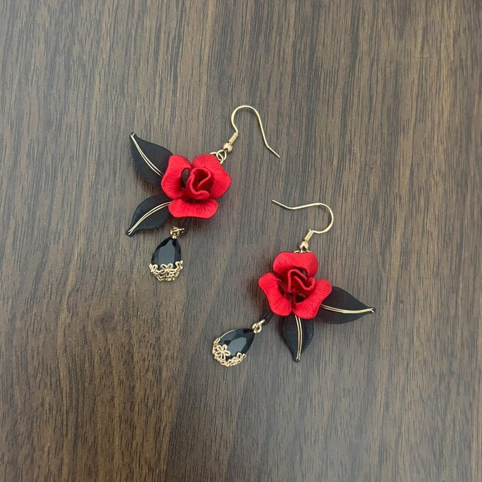 Handmade Chanhua Thread-Wrapped Dark Night Rose Earrings - Gothic Floral Dangles