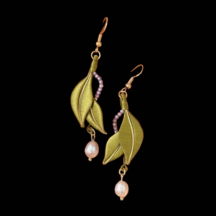 Handmade Chanhua thread-wrapped earrings featuring elegant green leaves, purple bead accents, and pearl drops.