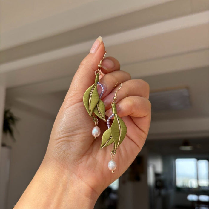 Handmade Chanhua Thread-Wrapped Green Leaf Earrings with Pearl Drops