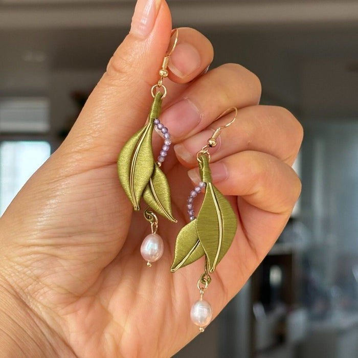 Handmade Chanhua Thread-Wrapped Green Leaf Earrings with Pearl Drops