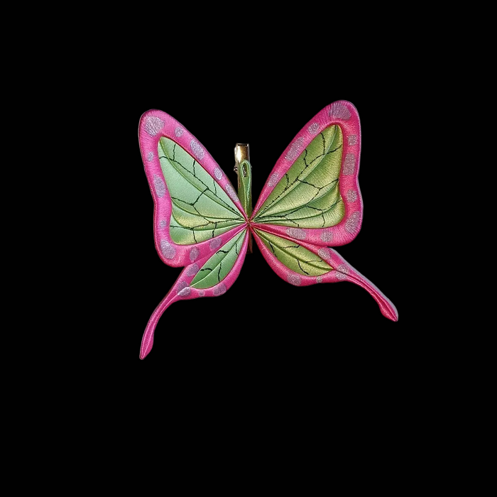 Handcrafted Chanhua thread-wrapped butterfly hair clip featuring a pink and green wing design with intricate patterns inspired by ninja aesthetics.