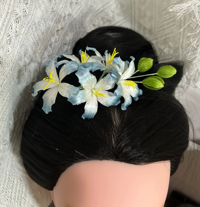 Handmade Ronghua Blue Bauhinia Flower Hair Comb | Silk Floral Hair Accessory