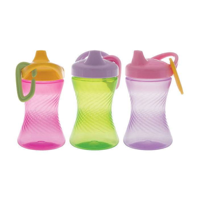 Three Nuby Hard Spout Sippy Cups with carabiners in pink, green, and purple are displayed side by side. Each features a textured spiral design, no-spill lids, and easy-grip handles. Set includes three cups with accent colors.