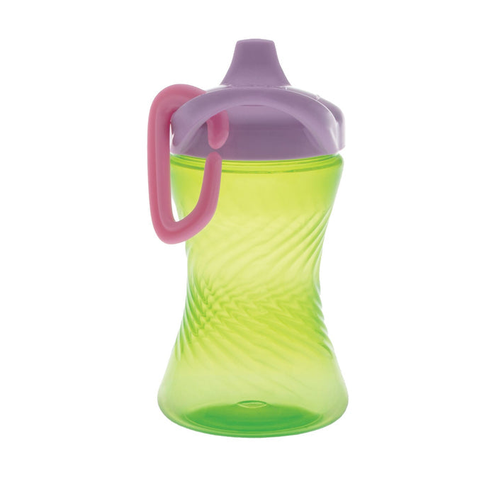 The Nuby Hard Spout Sippy Cup with Carabiner (3 Pack) in pink, green, and purple features an easy-grip textured body, no-spill purple lid and spout, plus a pink handle for convenient carrying.
