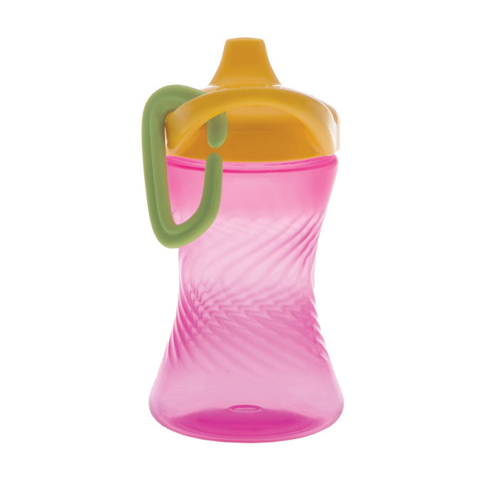 The Nuby Hard Spout Sippy Cup with Carabiner (3 Pack) in pink, green, and purple features a textured design, yellow hard spout lid, and an easy-grip curved handle.