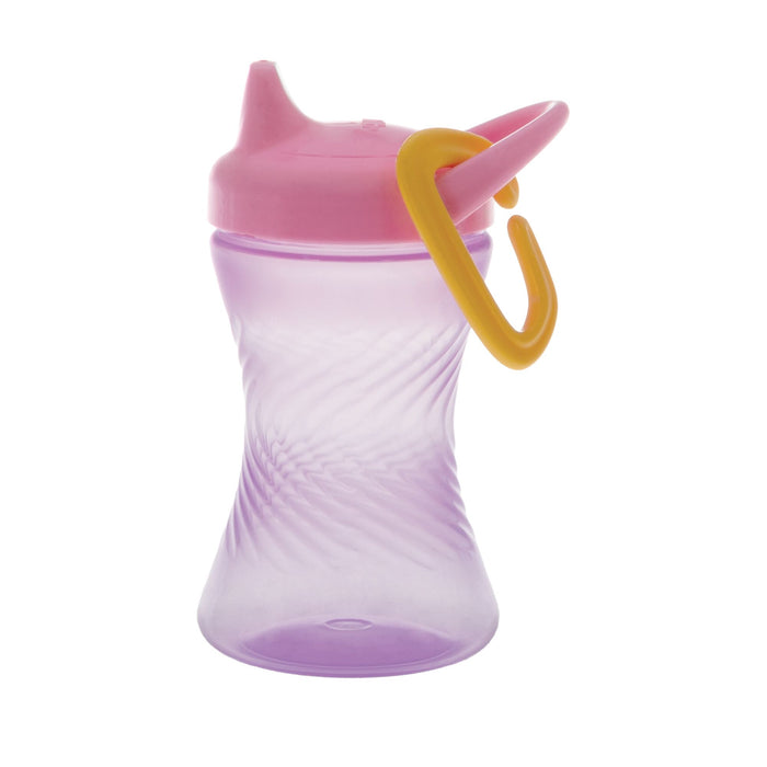 The Nuby Hard Spout Sippy Cup with Carabiner (3 Pack) features a translucent purple cup with textured grip, a no-spill pink lid, and yellow hook. The cup is shown isolated on a white background. Colors include pink, green, and purple.