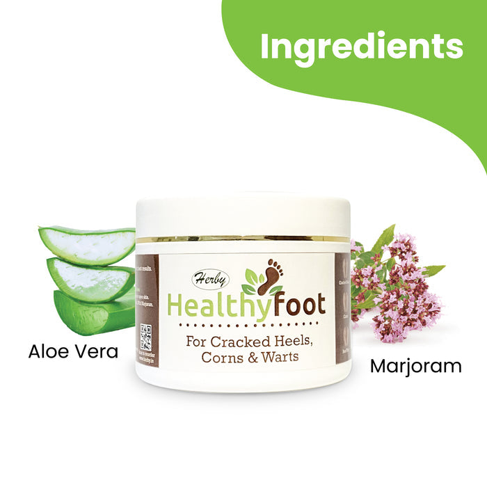 Herby Healthy Foot cream ingredient graphic featuring aloe vera and marjoram beside the foot care product jar.