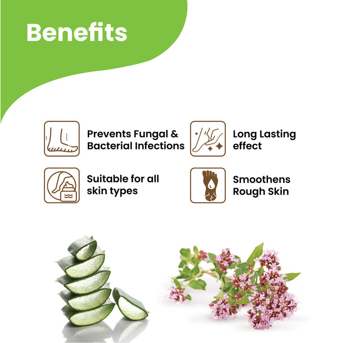 Herby Healthy Foot benefits graphic highlighting fungal protection, softer skin and long-lasting moisturization.