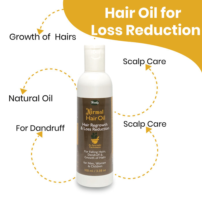 Herby Nirmal Hair Oil feature graphic highlighting hair growth, loss reduction, dandruff care and scalp nourishment.