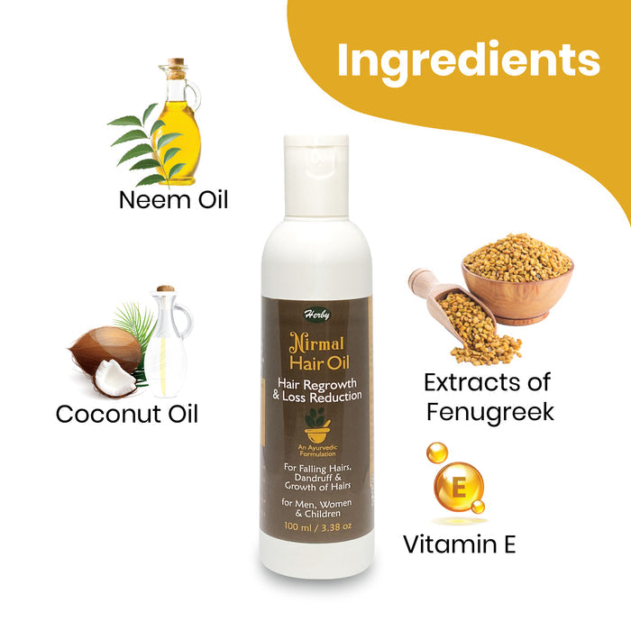 Herby Nirmal Hair Oil ingredient graphic featuring neem oil, coconut oil, fenugreek extract and vitamin E.