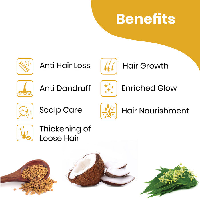 Herby Nirmal Hair Oil benefits graphic highlighting hair growth, anti-dandruff care, shine and scalp nourishment.