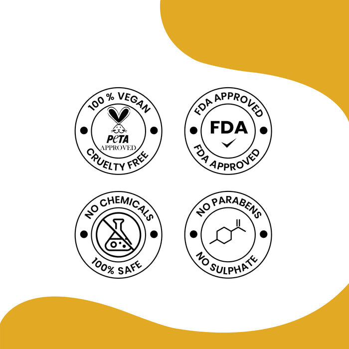 Herby Nirmal Hair Oil certification graphic displaying quality, FDA and cruelty-free style assurance badges.