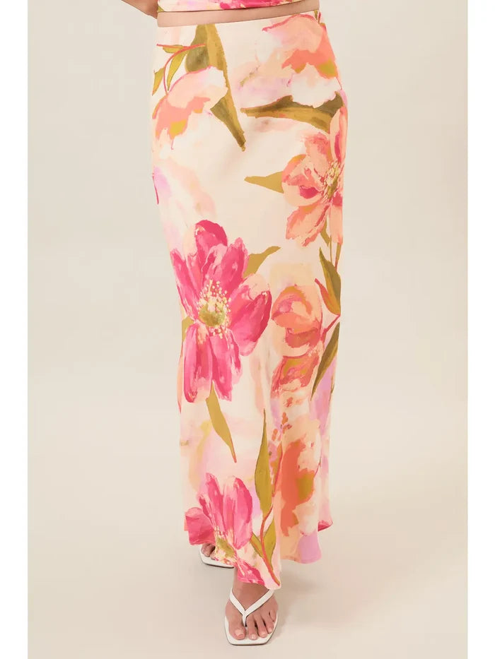 High Waist Bias Pull On Floral Midi Skirt