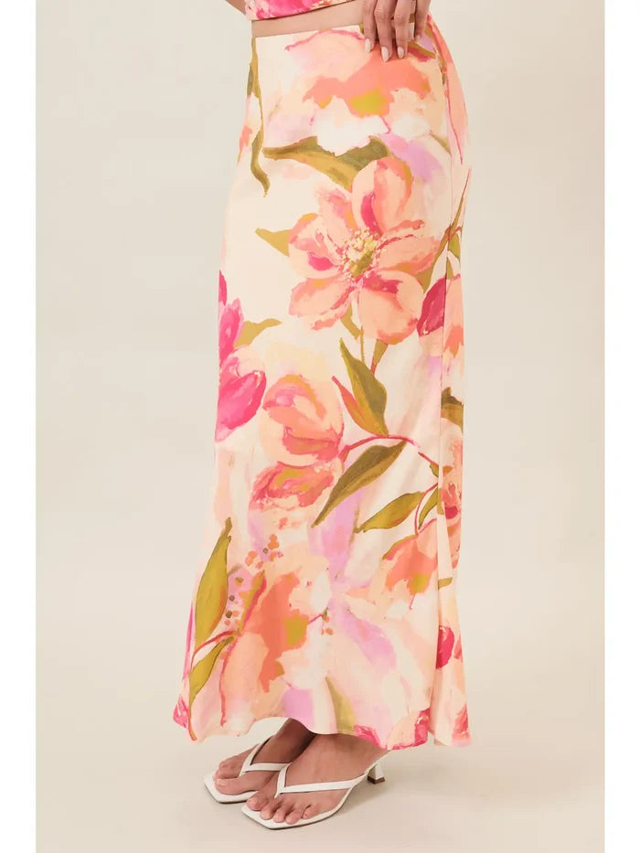 High Waist Bias Pull On Floral Midi Skirt