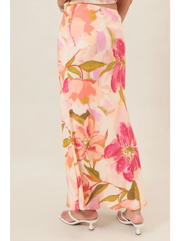 High Waist Bias Pull On Floral Midi Skirt