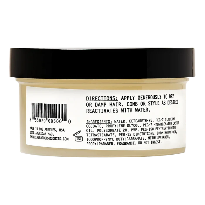Baksiden av Imperial Barber Classic Pomade etikett med ingredienser og 100% amerikansk produksjon