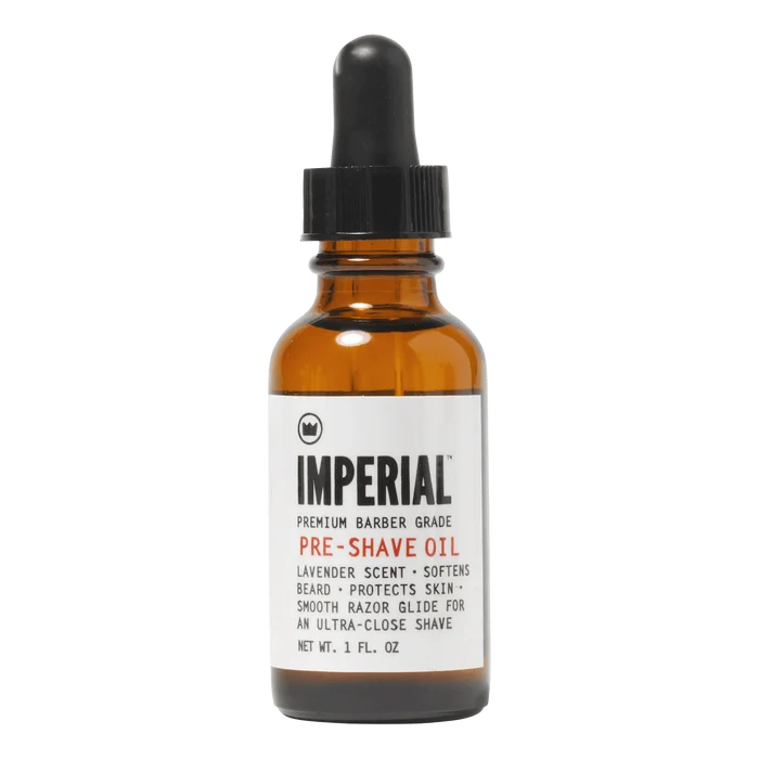 Imperial Barber Products pre-shave olje med lavendelduft i brun glassflaske