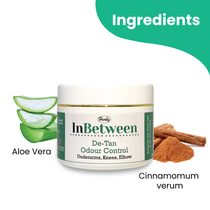 Herby InBetween De-Tan ingredient graphic featuring aloe vera and cinnamon beside the cream jar on white.