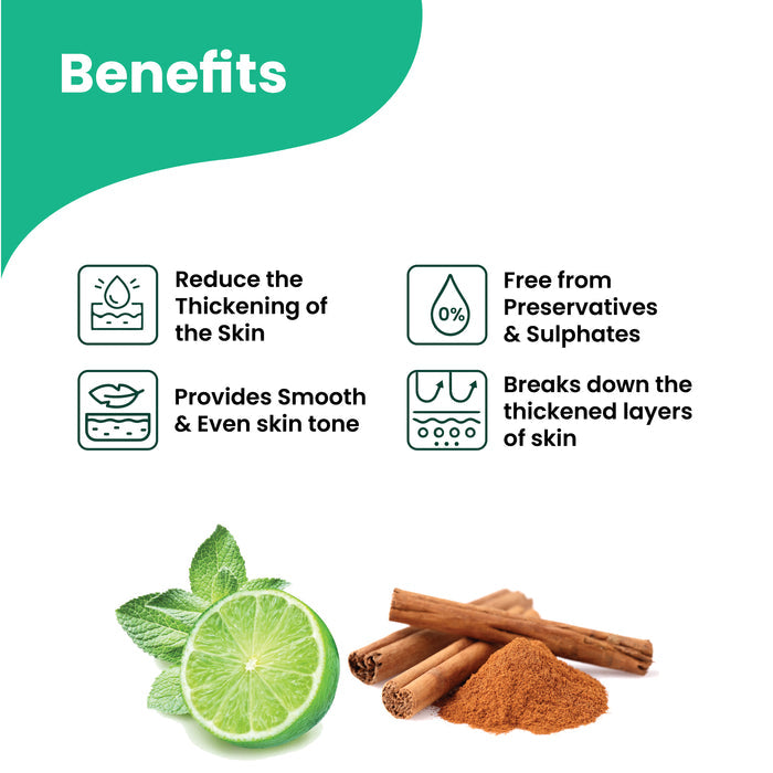 Herby InBetween De-Tan benefits graphic highlighting tan reduction, smoother skin and freshness for body areas.