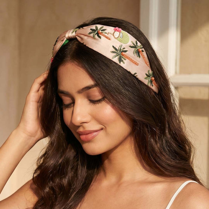 Embroidered palm tree headband with peach fabric - women's hair 
accessory
